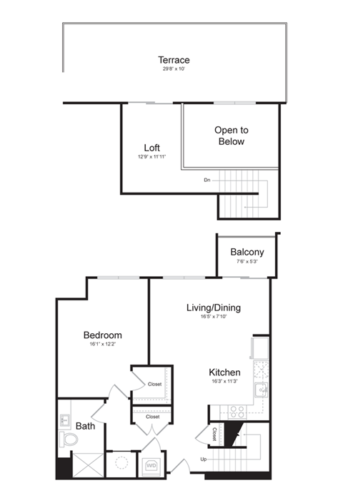 Floor plan for 1 bed, 1 bath, 831 sqft